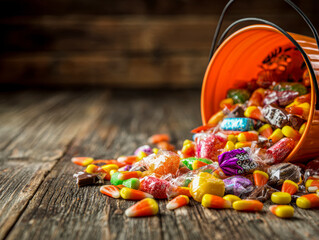 Colorful Candy Spilling from Bright Bucket