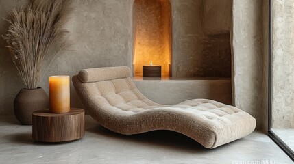 Modern minimalist lounge chair with upholstered curves, wooden table, candle, and natural decor in cozy neutral living room
