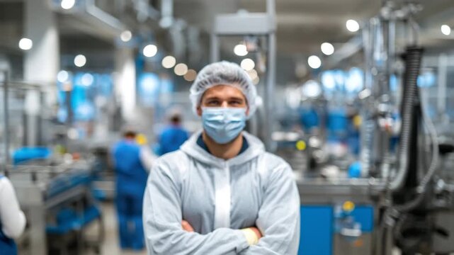 A young man wearing a face mask and protective clothing stands confidently in a busy food processing plant. Workers move around him, focusing on their tasks