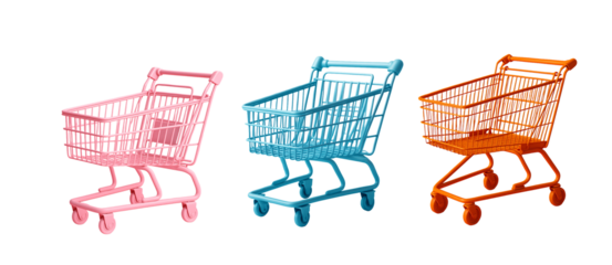 set of shopping carts on a transparent background. blue shopping cart. pink shopping cart. orange shopping cart. Online shopping. Marketplace. Sale.