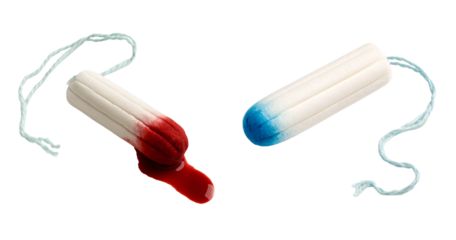 Tampons with blood stains on a white background. Feminine hygiene products. Educational medical illustration.