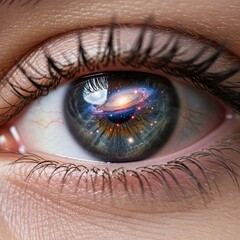Naklejka premium Human Eye Reflecting a Galaxy Cosmos.