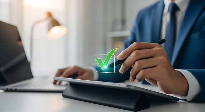 Businessman in a suit uses a stylus pen on a digital tablet displaying a digital green check mark, while also using a laptop at his desk in the office.