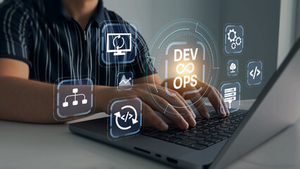 Naklejka premium DevOps culture with agile development, automation, and continuous integration, showing coding, teamwork, and innovation for modern software, business, and digital transformation. 