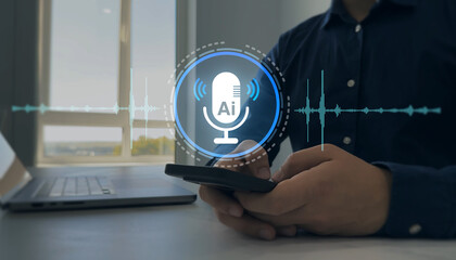AI assistant voice chat interface.Person interacting through microphone with AI voice chat. Digital...