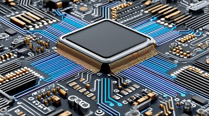 Futuristic Microchip on Circuit Board with Blue Lines and Gold Connections