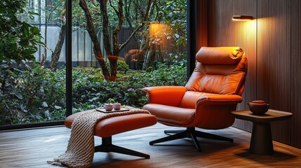 Modern cozy orange leather armchair in minimalist living room with large garden window and warm lighting