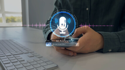 AI assistant voice chat interface.Person interacting through microphone with AI voice chat. Digital...