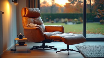 Modern leather recliner lounge chair with ottoman in cozy living room, soft warm lighting, large windows overlooking autumn garden