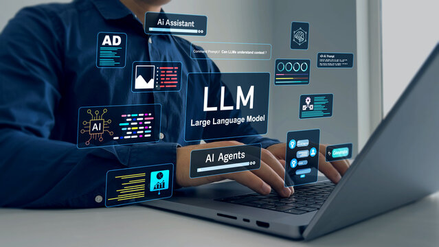 Large language model(LLM) with AI technology.User working on laptop in LLM,Data performrange language tasks,answering questions, summarizing information, translating languages, writing code.