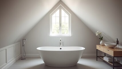 Elegant attic bathroom with freestanding bathtub and natural light from a window.