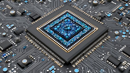 Futuristic Microchip Design with Blue Glow and Circuitry from Top Down Perspective