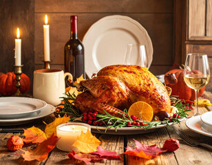 Rustic Thanksgiving dinner table featuring roasted turkey and autumn decorations Generative AI