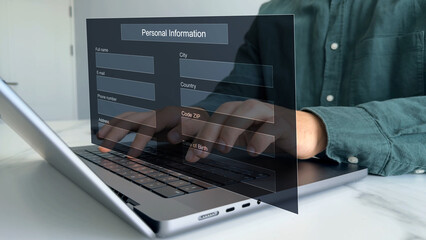 Business person filling out a form with personal data online. Personal data information management. Digital online employee form. Human resource concept.	
