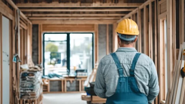 A construction worker wearing a safety helmet and overalls looks over a new building site. The scene shows the interior structure under development in an urban setting, with natural light