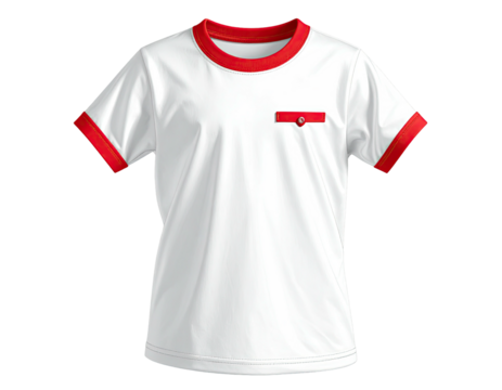 White t-shirt with red trim and pocket
