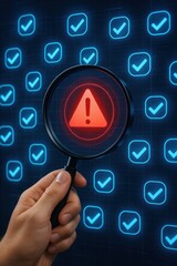 Hand Holding Magnifying Glass Over Warning Symbol Against Check Mark Background