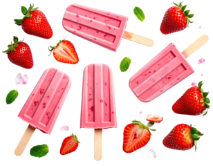Pink strawberry popsicles scattered with fresh fruit and leaves