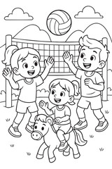 Children Playing Volleyball - Coloring Page for Kids