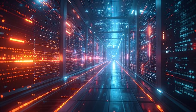 A futuristic server room corridor glows with vibrant orange and blue data streams