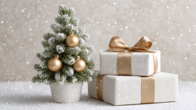 Minimalist flocked christmas tree holiday scene