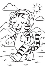 Tiger Walking with Headphones - Coloring Page for Kids