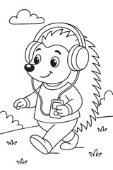 Hedgehog Walking with Headphones - Coloring Page for Kids