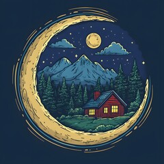 A serene night scene showcases a cozy cabin nestled amidst a mountain forest, framed by a crescent moon, evoking a peaceful and tranquil mood.