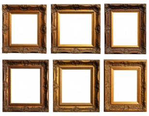 Six empty picture frames in a grid pattern, ornate gold-brown frames