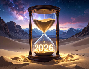 New Year&rsquo;s Eve celebration with a stunning hourglass marking the transition to 2026 Generative AI