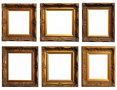 Six empty picture frames in a grid pattern, ornate gold-brown frames