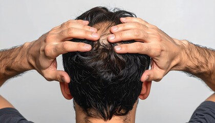 Naklejka premium Examining a Man's Thinning Hair from Behind, Dealing With Hair Loss Concerns, Addressing Male Pattern Baldness with a Close Look