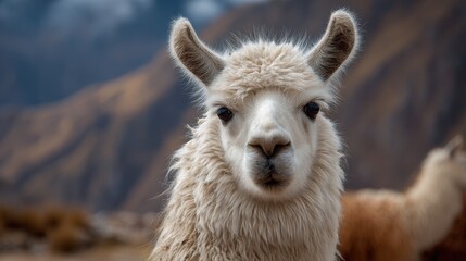Obraz premium Close-Up of a Llama in the Andes: A White Mammal Showcasing Peru's Natural Beauty