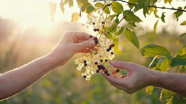Close-up of elderberries being picked from clusters in soft daylight 