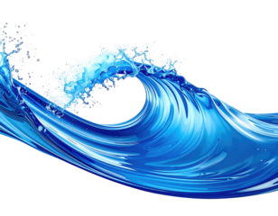 A dynamic, stylized wave of vibrant blue water, with foamy white crests