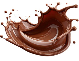 A rich, dark chocolate splash, swirling in a smooth, liquid arc against a black background
