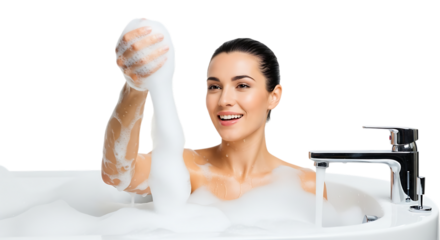 Woman in bathtub playing with foam isolated on transparent background