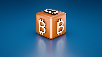 Bitcoin Cryptocurrency Cube With White Bitcoin Logos On Orange Surface Over Blue Background For Blockchain Trading And Digital Assets