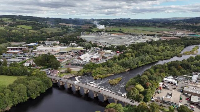 Aerial drone view bridge Hexham north east england northumberland market town city british uk Tynedale