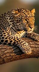 Fototapeta premium Majestic Leopard Resting on Tree Branch.