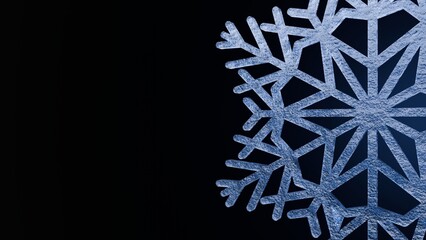 Half View Of Detailed Blue Snowflake On Black Background For Winter Cold Weather Christmas And Seasonal Decoration Concepts