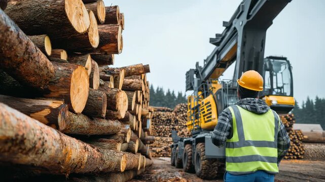 A worker wearing a safety vest and helmet watches heavy machinery load logs in a lumber yard on a cloudy day. The atmosphere reflects a busy logging environment