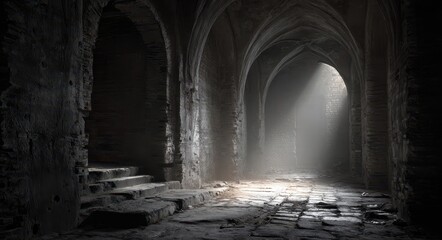 Obraz premium Abandoned Ancient Castle Dungeon: Shadowy Corridor with Flickering Light and Weathered Brick Walls