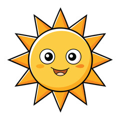 A happy, friendly sun with a smiling cartoon face, bright yellow rays, and a cheerful expression, digital illustration, cute, whimsical, vibrant colors, simple shapes, flat design
