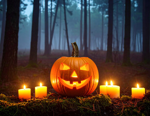 Spooky Halloween pumpkin lantern glows in mysterious dark forest atmosphere Generative AI