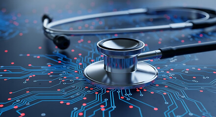 Stethoscope rests on a blue circuit board with glowing red lights, representing digital healthcare and medical technology.