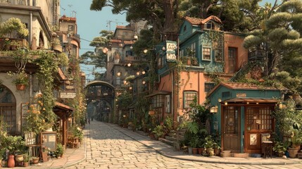 Fototapeta premium Enchanting European Inspired Village Scene with Cobblestone Streets and Lush Greenery