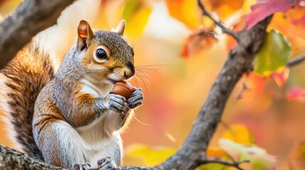 Fototapeta premium Gray squirrel eating an acorn in autumn foliage.