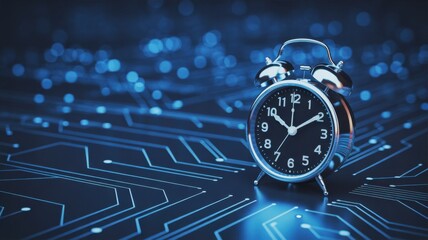 Time's Digital Echo: A classic alarm clock stands prominently against a backdrop of intricate digital circuitry, a visual symphony of analog and modern timekeeping.