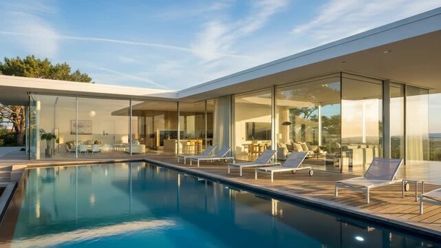 Minimalist modern house with glass facade, luxury swimming pool, elegant landscaping, open plan living, sunny day, blue sky, contemporary architecture, outdoor leisure